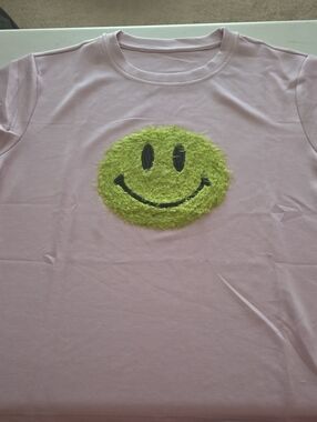 Girls' Pink Short-Sleeve Tee with Fuzzy Lime Smiley